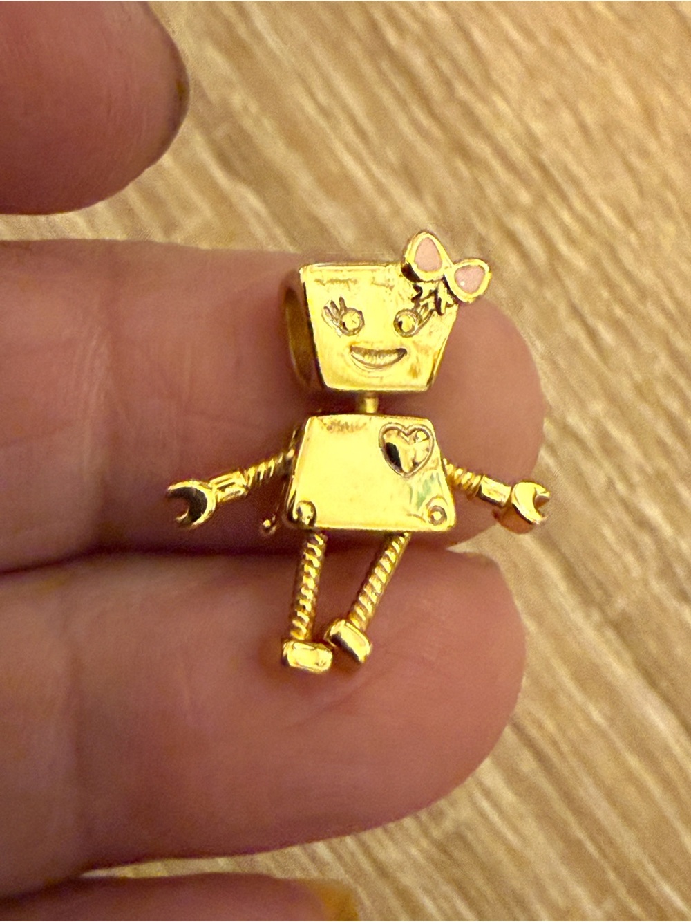 Gold-Tone Cute Robot Charm with Pink Bow